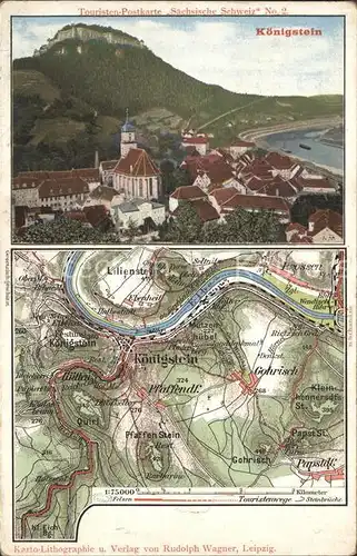Koenigstein Saechsische Schweiz Gesamtansicht mit Kartenausschnitt Kat. Koenigstein Saechsische Schweiz