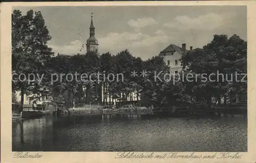 Pulsnitz Sachsen Schlossteich mit Herrenhaus und Kirche Kat. Pulsnitz