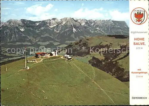 Hopfgarten Brixental Gipfelrestaurant Hohe Salve mit Kaisergebirge Fliegeraufnahme Kat. Hopfgarten im Brixental