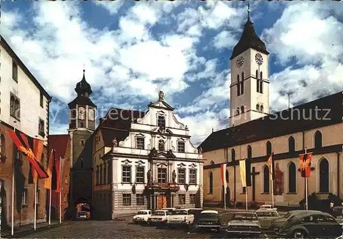 Wangen Allgaeu Rathaus mit Marktplatz und Kirche Kat. Wangen im Allgaeu