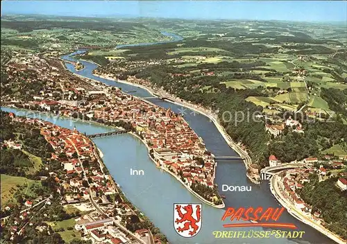 Passau Zusammenfluss von Donau Inn und Ilz Fliegeraufnahme Kat. Passau