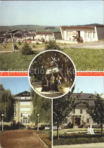 Thum Erzgebirge Bungalowdorf Begruessungstafel Polytech Oberschule Rathaus mit Brunnen Kat. Thum Erzgebirge