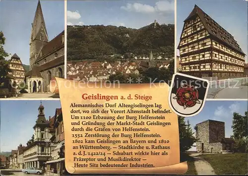 Geislingen Steige Stadtkirche Rathaus Fachwerkhaus Wappen Geschichte Kat. Geislingen an der Steige