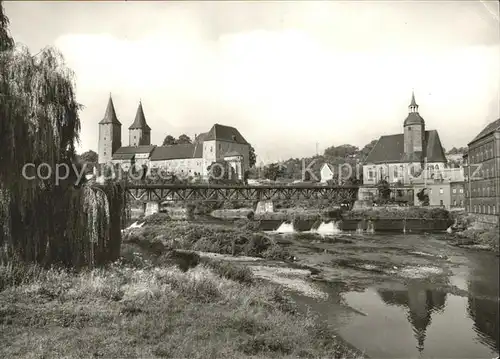 Rochlitz Sachsen Schloss mit Bahnbruecke Petrikirche und Schlossmuehle Kat. Rochlitz