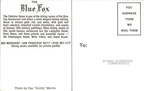 San Francisco California Blue Fox Palatina Room  Kat. San Francisco