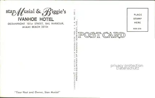 Miami Beach Stan Musial Biggies Ivanhoe Hotel Kat. Miami Beach