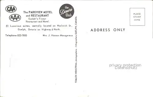 Guelph Parkview Hotel Restaurant Diners Club Kat. Guelph