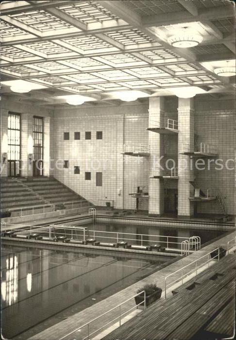 AK, Rostock, Schwimmhalle Neptun, Halle mit Sprungturm, 1956 Nr