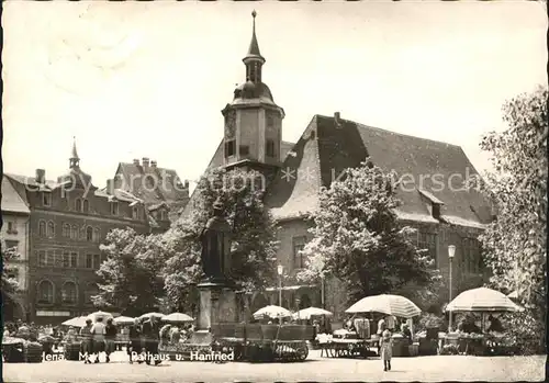 Jena Markt am Rathaus und Hanfried Bronzefigur Kat. Jena