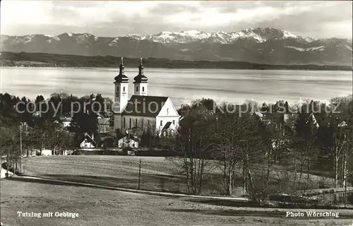 Tutzing Ortsansicht mit Kirche Starnberger See mit Gebirge Kat. Tutzing