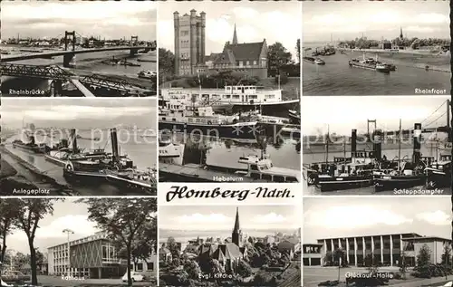 Homberg Duisburg Rheinbruecke Hebelturm Schleppdampfer Glueckauf Halle Kirche Rathaus Anlegeplatz Kat. Duisburg