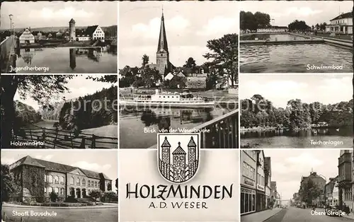 Holzminden Weser Jugendherberge Holzmindetal Bauschule Weserbruecke Kirche Schwimmbad Teichanlagen Strasse Wappen Kat. Holzminden