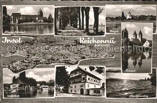 Insel Reichenau Muenster Mittelzell Baumallee Oberzell Niederzell Abendstimmung Rathaus Schiffslaende Kat. Reichenau Bodensee