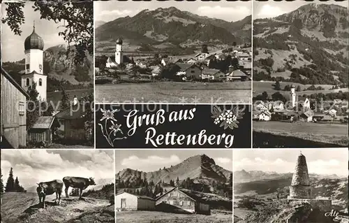 Rettenberg Oberallgaeu Ortsansicht mit Kirche Allgaeuer Alpen Kuehe Edelweiss Bergbauernhof Denkmal Kat. Rettenberg