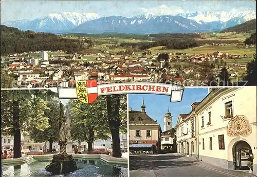 Feldkirchen Kaernten mit den Karawanken Brunnen am Hauptplatz Kirche St Michael Kat. Feldkirchen in Kaernten