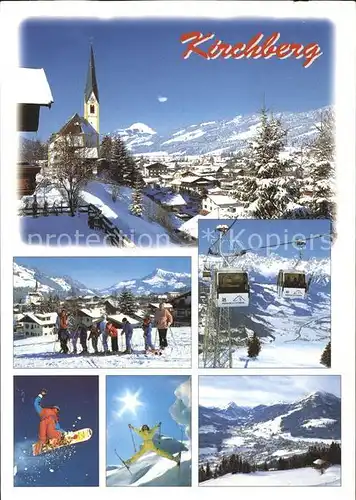 Kirchberg Tirol Ortsblick mit Kirche Skischule Kabinenbahn Snowborder Panorama Kat. Kirchberg in Tirol