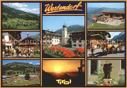 Westendorf Tirol Panorama Kirche Pferdesport Viehtrieb Schwimmbad Statue Kat. Westendorf