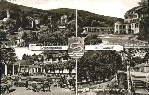 Schlangenbad Taunus Kurhotel Thermalschwimmbad Kleingolfplatz Kurgarten Kat. Schlangenbad