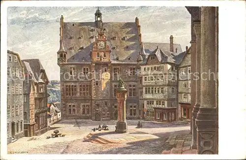Marburg Lahn Marktplatz mit Rathaus Kuenstlerkarte Kat. Marburg
