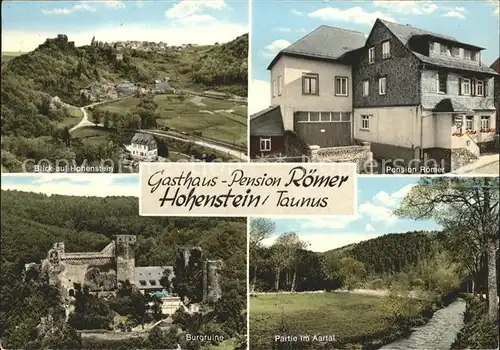 Hohenstein Untertaunus Panorama Gasthaus Pension Roemer Burgruine Partie im Aartal Kat. Hohenstein