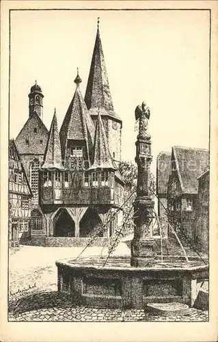 Michelstadt Marktplatz Brunnen Zeichnung Kat. Michelstadt