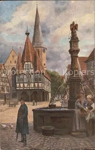 Michelstadt Marktplatz mit Brunnen und Rathaus Kat. Michelstadt