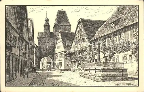 Rothenburg Tauber Roedergasse mit Markusturm und Brunnen Kat. Rothenburg ob der Tauber