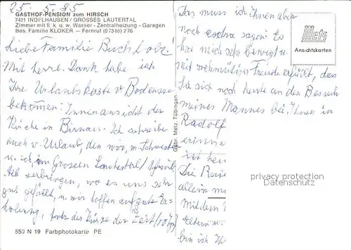 Indelhausen Gasthaus Pension zum Hirsch Kat. Hayingen