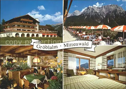 Mittenwald Bayern Berggasthaus und Cafe Groebl Alm Terrasse Gaststube Zimmer Kat. Mittenwald