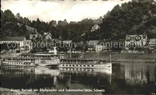 Rathen Saechsische Schweiz mit Elbdampfer und Lokomotive Kat. Rathen Sachsen