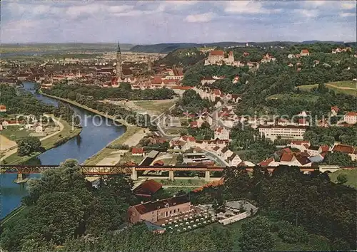 Landshut Isar Fliegeraufnahme mit Martinskirche und Isarbruecke Kat. Landshut