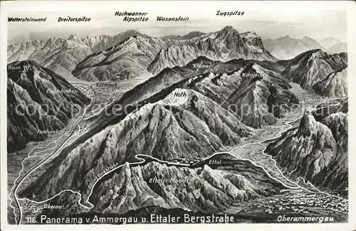 Oberammergau Panorama Ammergau und Ettaler Bergstrasse Panoramakarte Nr 116 Kat. Oberammergau