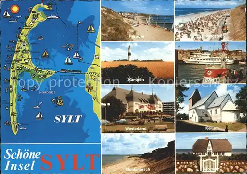 Insel Sylt Landkarte Teilansichten Strand Leuchtturm Kat. Westerland