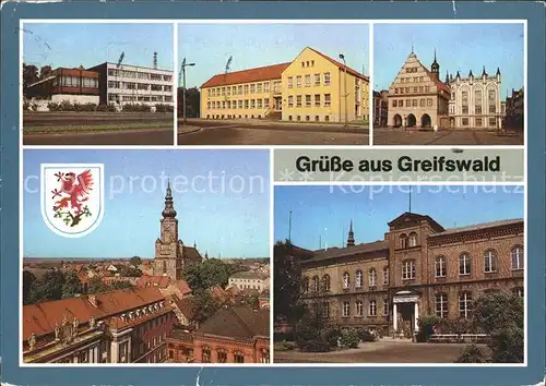 Greifswald Mecklenburg Vorpommern Mensa Haus der Gewerkschaft Rathaus Ratsapotheke Kirche Oberschule Wappen Kat. Greifswald