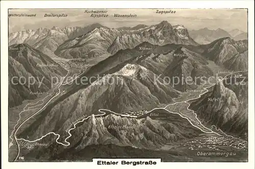 Ettal Ettaler Bergstrasse mit Oberammergau Panoramakarte Kat. Ettal