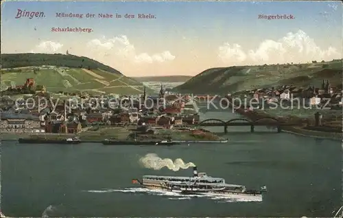 Bingen Rhein Muendung der Nahe in den Rhein mit Scharlachberg und Bingerbrueck Rheindampfer Kat. Bingen am Rhein