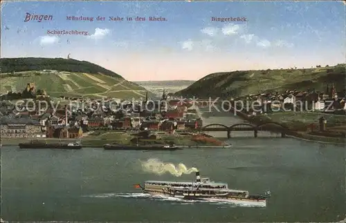 Bingen Rhein Muendung der Nahe in den Rhein mit Bingerbrueck und Scharlachberg Rheindampfer Kat. Bingen am Rhein