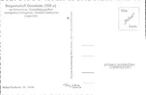 Garmisch Partenkirchen Bergwirtschaft Gamshuette gegen Zugspitzgruppe Wettersteingebirge Huber Karte Nr 10540 Kat. Garmisch Partenkirchen