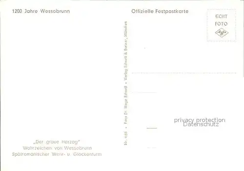 Wessobrunn Der graue Herzog Turm Wahrzeichen 1200 Jahre Offizielle Festpostkarte Kat. Wessobrunn
