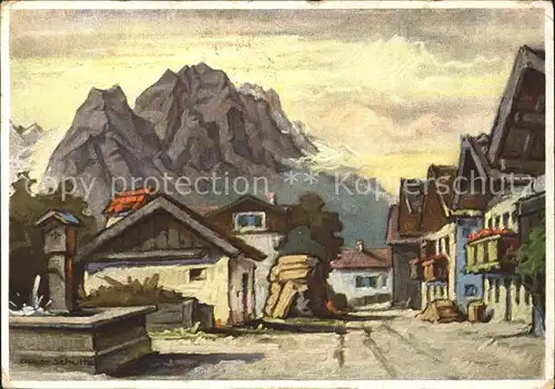 Garmisch Partenkirchen Fruehlingstrasse mit Zugspitze Kuenstlerkarte Oskar Schultz Kat. Garmisch Partenkirchen