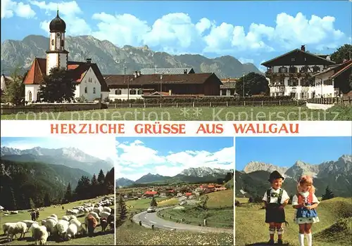 Wallgau Ortsansicht mit Kirche Schafherde Kinder Trachten Alpen Kat. Wallgau