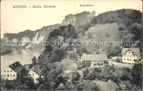 Rathen Saechsische Schweiz Teilansicht mit Basteifelsen Kat. Rathen Sachsen