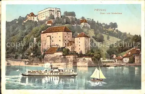 Passau mit Ober und Niederhaus Fahrgastschiff Kat. Passau