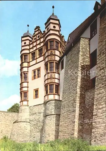 Bernburg Saale Schloss Bernburg Westfassade der Leuchte mit Ecktuermen und Reliefplastik Kat. Bernburg