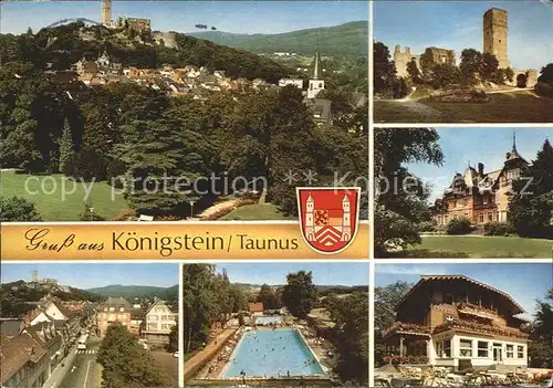 Koenigstein Taunus Teilansichten Heiklimatischer Kurort Burg Ruine Schwimmbad Wappen Kat. Koenigstein im Taunus