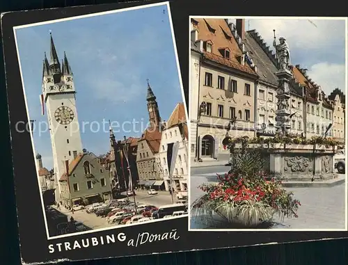 Straubing Ludwigsplatz mit Stadtturm und Jakobsbrunnen Kat. Straubing