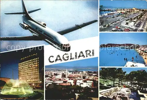 Cagliari Teilansichten Hotel Springbrunnen Strand Passagierflugzeug Kat. Cagliari