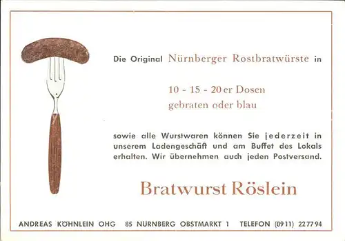 Nuernberg Nuernberger Bratwurst  Kat. Nuernberg