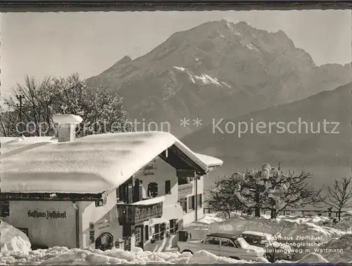 Berchtesgaden Gasthaus Zipfhaeusl mit Sahnegletscher und Watzmann Kat. Berchtesgaden