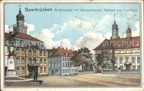 Saarbruecken Schlossplatz mit Ulanendenkmal Rathaus Kreishaus Kat. Saarbruecken